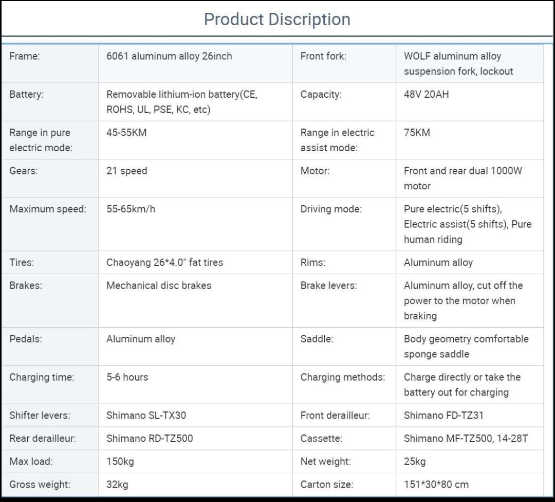 Wolf Predator fat tyre 1000w,Single Motor (Blue/Black) 20Ah Samsung battery.