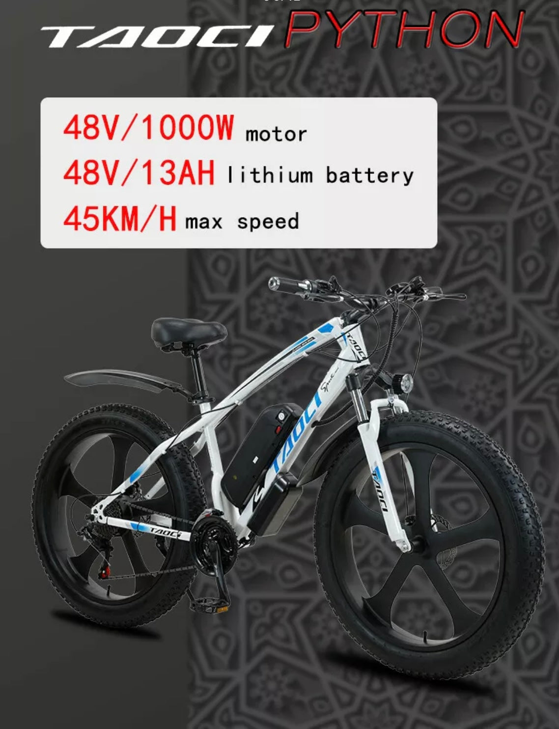SOLD OUT TAOCI Python Sport E-Mountain Bike- 1000w (White/Blue)